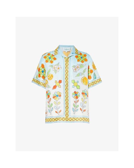 Casablancabrand White Blueyoruba Flowers Graphic-print Silk Shirt for men