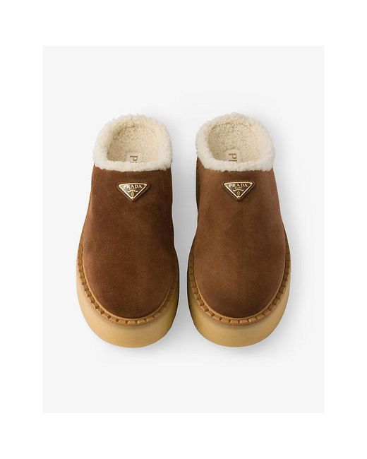 Prada Brown Logo-Plaque Suede Slippers