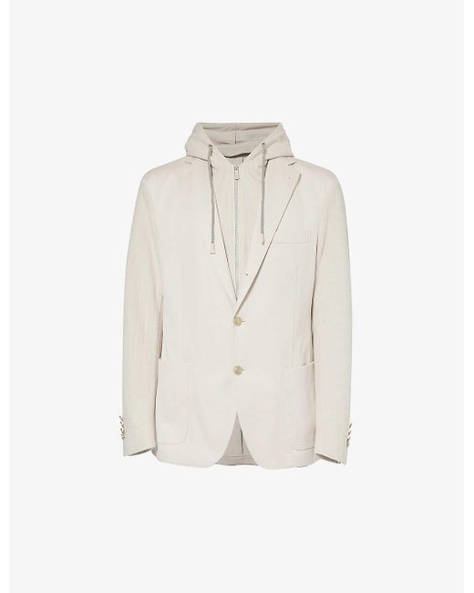Eleventy White Detachable-hood Notched-lapel Cotton-blend Jacket for men
