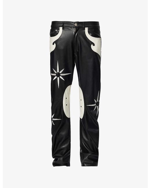 Kusikohc Black Flower Rider Contrast-panel Tapered-leg Faux-leather Trousers for men