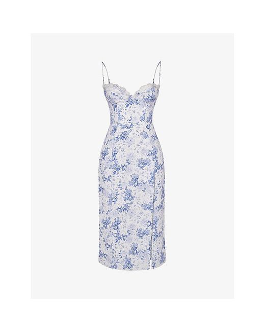 House Of Cb White Charlotte Floral-print Fitted-corset Stretch-woven Midi Dress