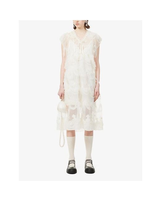 Simone Rocha Natural Floral-embroidered Bow-embellished Woven Midi Dress