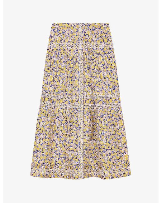 Maje Natural Floral-print Elasticated-waist Cotton Midi Skirt