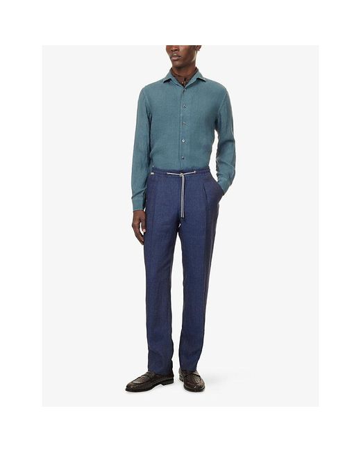 Corneliani Blue Long-Sleeve Linen Shirt for men