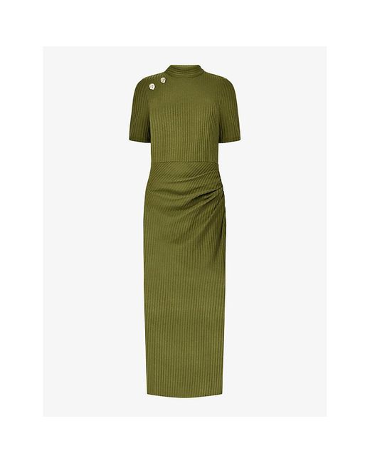 Ro&zo Green Split-hem Ribbed Stretch-knit Midi Dress