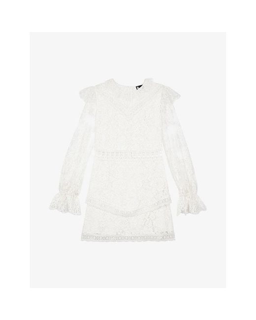The Kooples White Ruffle-Collar Long-Sleeve Lace Mini Dress