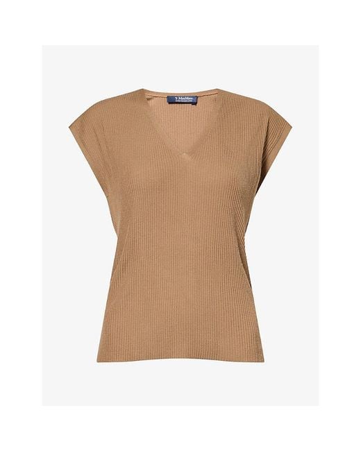Max Mara Natural V-Neck Ribbed Virgin-Wool Vest