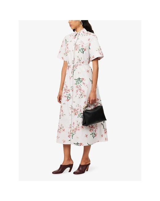 Erdem White Floral Short-Sleeve Cotton Midi Dress
