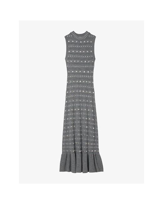 Sandro Gray Studded Ruffled-Hem Stretch Pointelle-Knit Maxi Dress