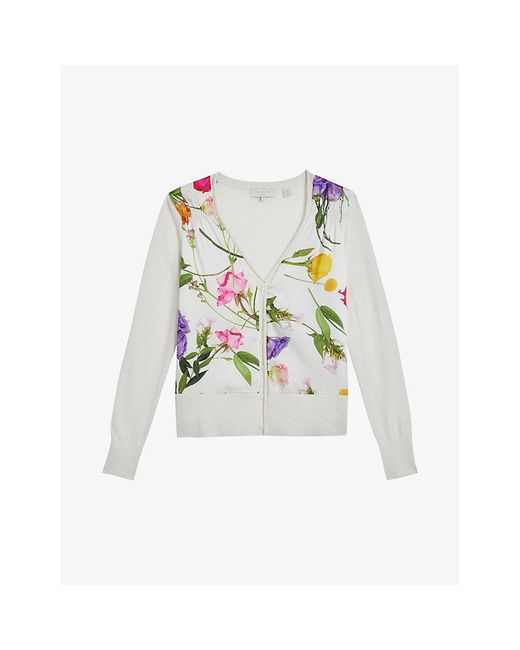 Ted Baker White Chantri Floral-print Panelled Satin And Knitted Cardigan