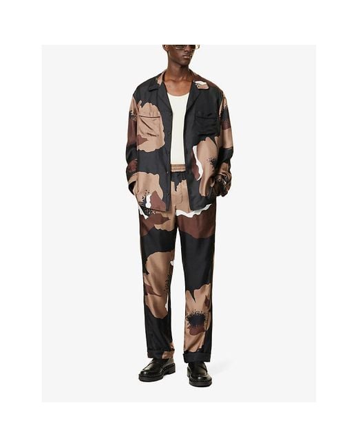 Valentino Gray Floral-print Relaxed-fit Silk Trousers for men