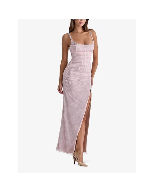 House Of Cb Pink Lini Corset-Bodice Stretch-Mesh Maxi Dress