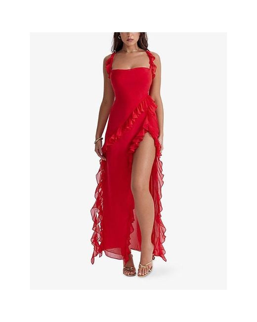 House Of Cb Purple Ariela Ruffle-Trim Woven Maxi Dress