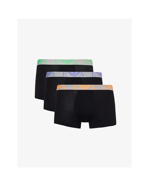 Emporio Armani Black Branded-waistband Pack Of Three Stretch-cotton Trunks for men