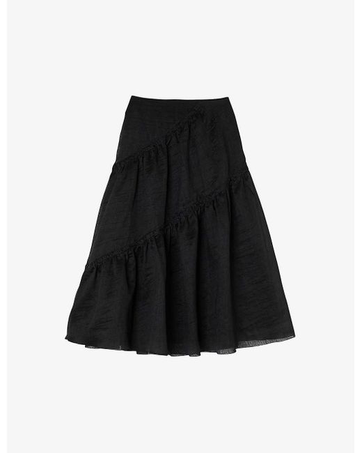 Sandro Black Christina Tiered-panel Linen-blend Maxi Skirt