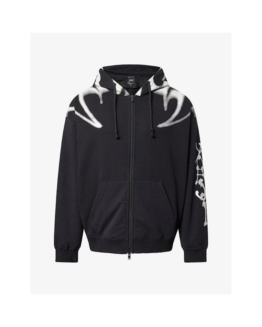 Y-3 Blue Graphic-Print Zip-Up Cotton Hoody for men