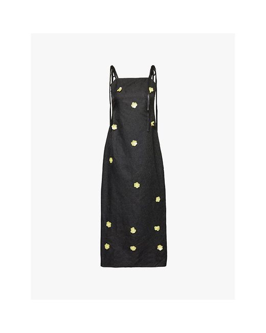 Sister Jane Black Flower-Embellished Woven Midi Dress