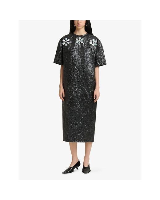 Marni Black 3D Daisy-Embellished Crinkled-Taffeta Midi Dress