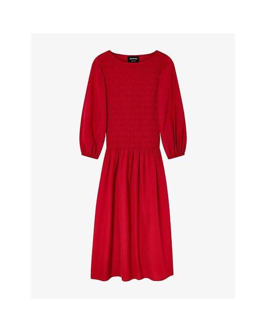 Whistles Red Smocked-Bodice Long-Sleeve Woven Midi Dress