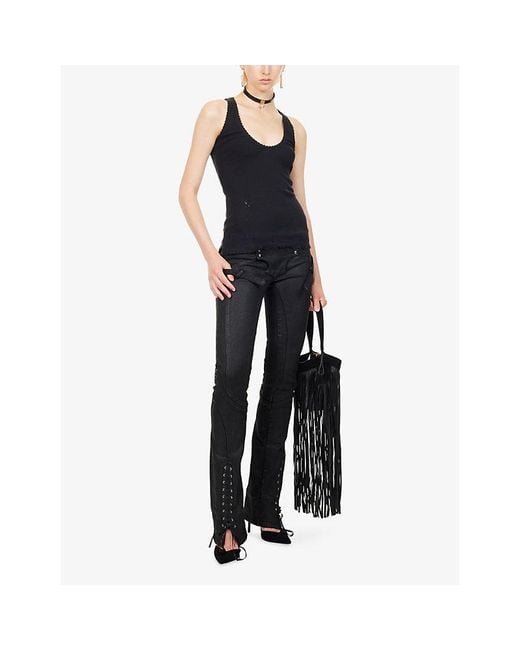 Dilara Findikoglu Black Distressed-Trim Ribbed Stretch-Cotton Tank Top
