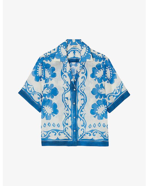 Sandro Blue Graphic-print Short-sleeved Woven Shirt