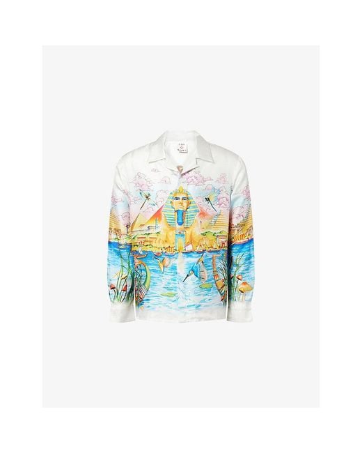 Casablanca Blue Egypt Long-Sleeve Printed Silk Shirt for men