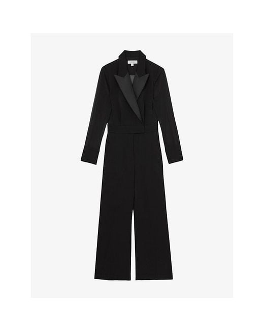 Reiss Women's Black Perla Sheer-Sleeve Woven Tuxedo Jumpsuit