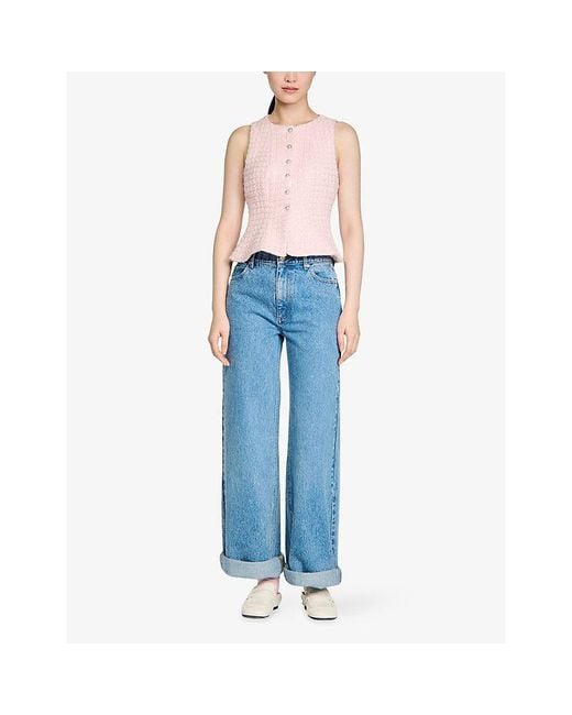 Sandro Pink Sleeveless Sequin-Embellished Tweed Jacket