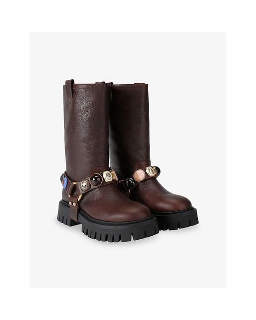 Kurt Geiger Brown Ophelia Buckle Leather Biker Boots