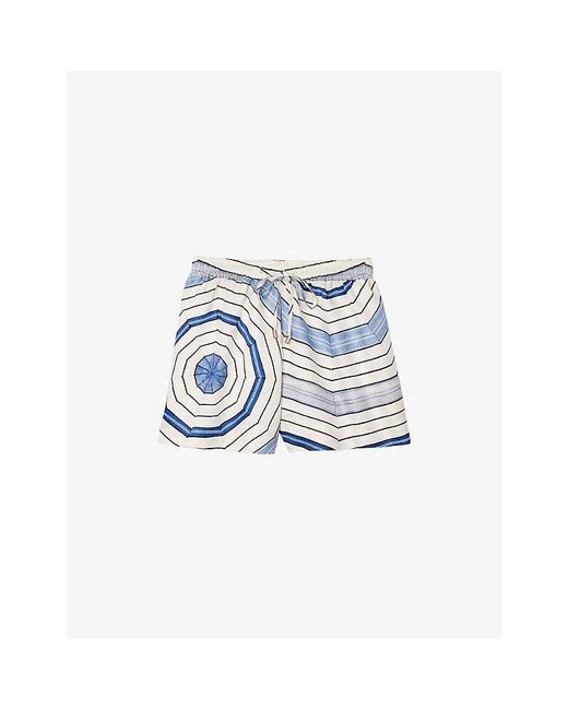 Sandro Blue Spiral-Print Elasticated-Waist Linen-Blend Shorts