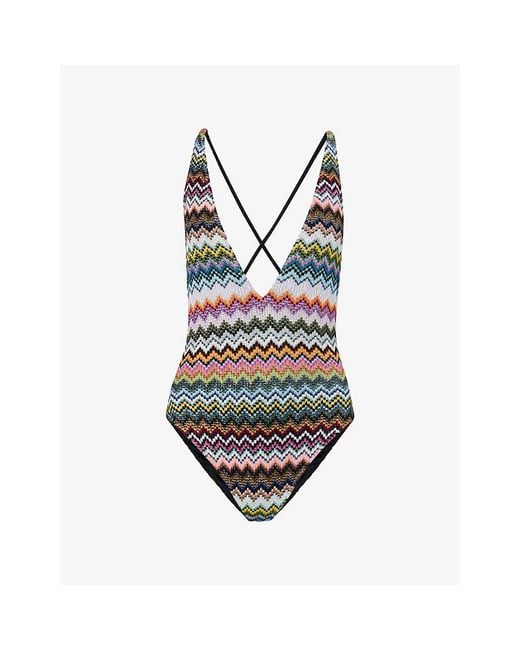 Missoni Multicolor Chevron Plunge Knit Swimsuit
