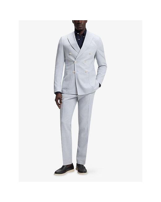 Boss Blue Brand-Embroidered Long-Sleeved Linen Shirt for men
