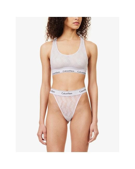 Calvin Klein White Modern Branded-waistband Mid-rise Stretch-lace Thong