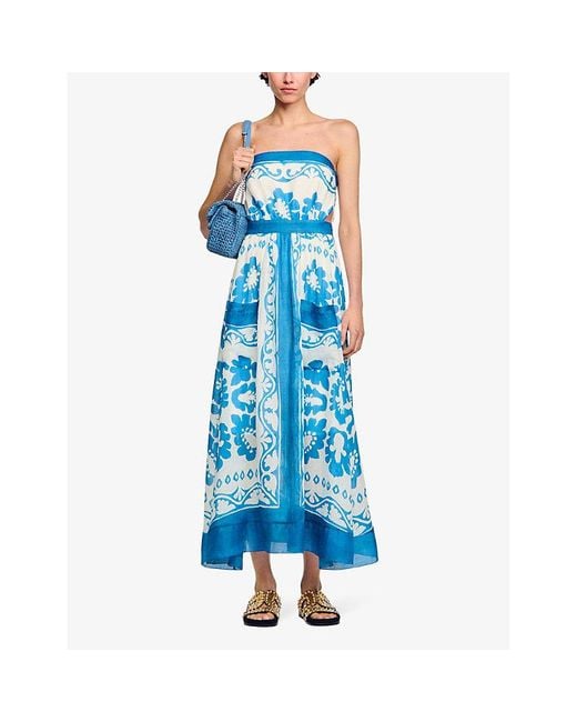 Sandro Blue Graphic-print Strapless Woven Maxi Dress