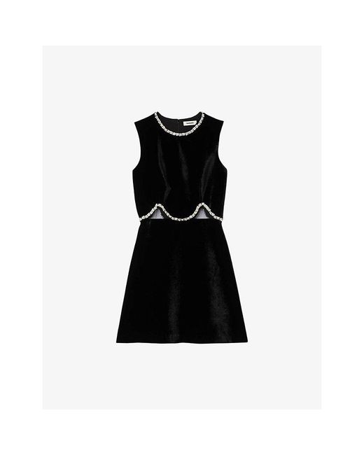Sandro Black Crystal-Embellished Cut-Out Velvet Mini Dress