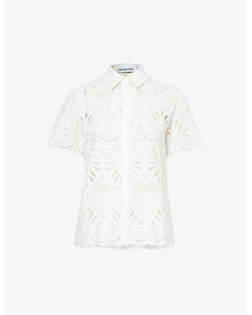Self-Portrait White Short-sleeved Broderie-anglaise Cotton Shirt