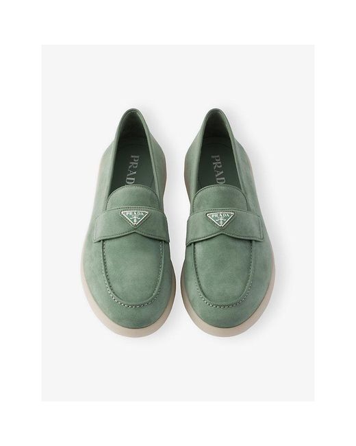 Prada Green Triangle-Plaque Suede Loafers for men