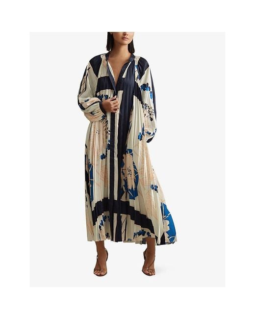 Reiss Blue Daiya Graphic-print Pleated Woven Maxi Dress