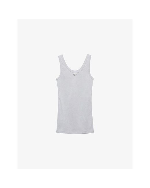 Prada White Logo-Plaque Ribbed-Knit Cotton Tank Top
