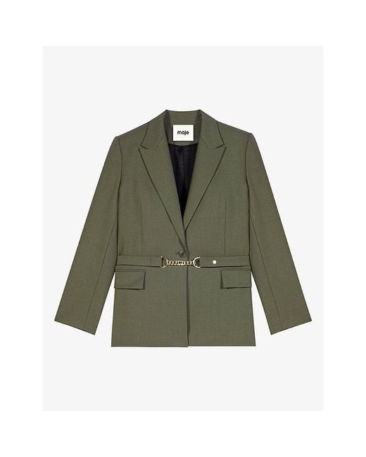 Maje Green Chain-Embellished Single-Breasted Stretch Wool-Blend Suit Jacket