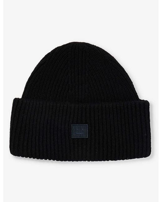 Acne Black Pansy Brand-patch Wool Beanie Hat for men