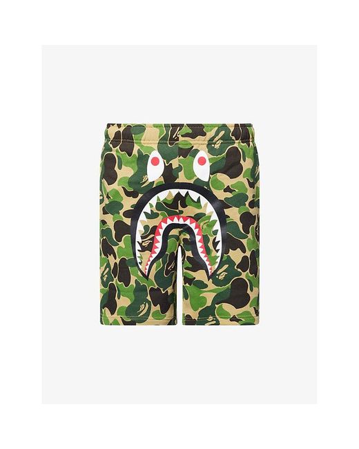 A Bathing Ape Green Camo Shark Printed Cotton Sweat Shorts for men