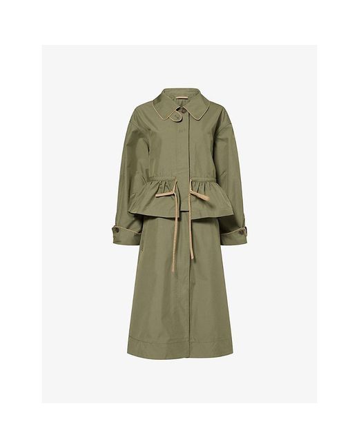 Damson Madder Green Myrtle Frilled Cotton-Blend Trench Coat