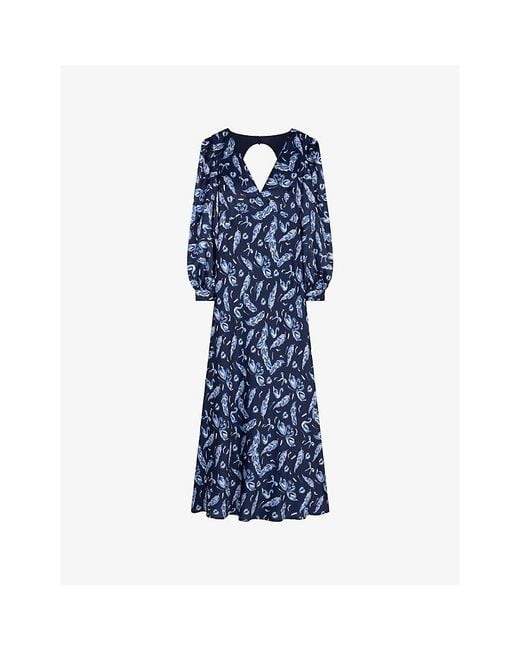 OMNES Blue Francoise Swan-Print Satin Maxi Dress