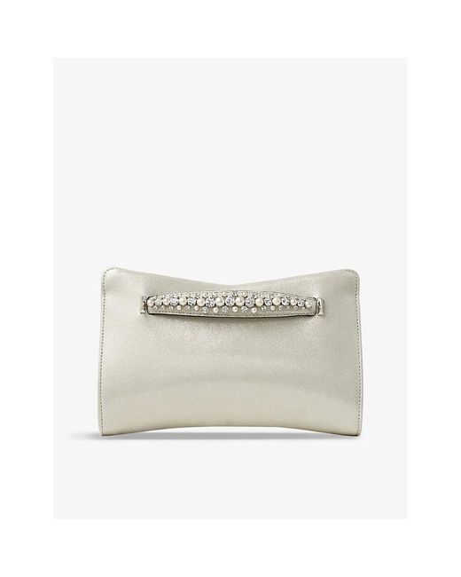 Jimmy Choo Natural Venus Faux-pearl And Crystal-embellished Shimmer-suede Clutch Bag