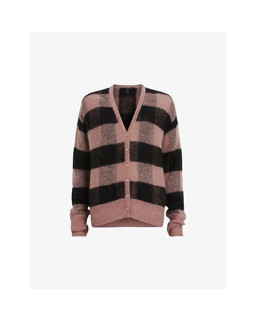 AllSaints Black Renee V-neck Checked Wool And Mohair-blend Cardigan