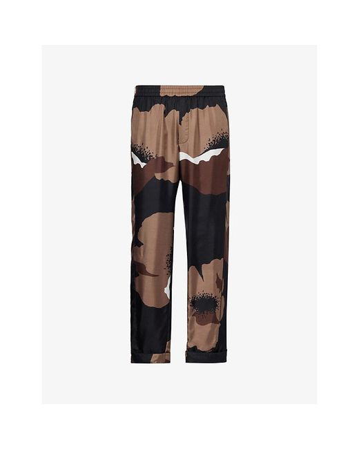 Valentino Gray Floral-print Relaxed-fit Silk Trousers for men