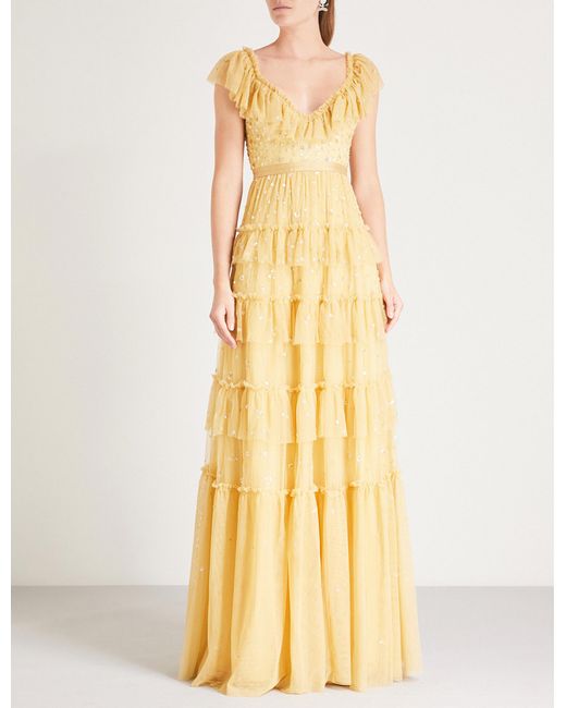 Needle & Thread Yellow Sunburst Sequin-embellished Tulle Gown