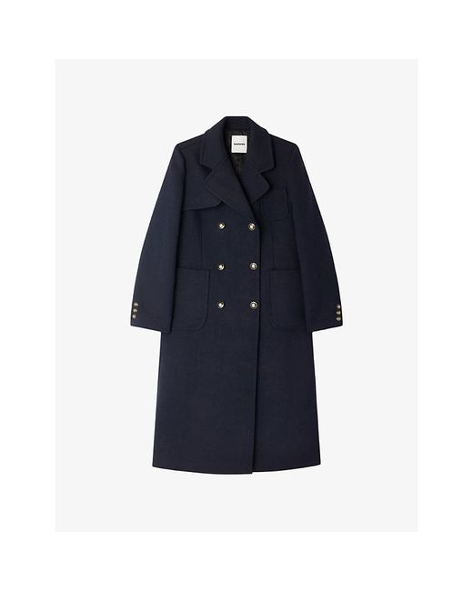 Sandro Blue Double-Breasted Patch-Pocket Stretch-Twill Coat