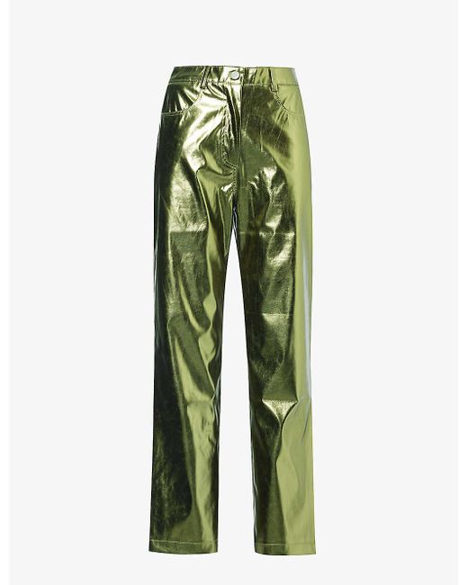 Amy Lynn Green Metallic Straight-leg High-rise Faux-leather Trousers